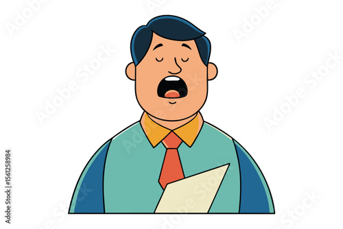 Animated man with closed eyes and open mouth wearing a shirt and tie holding a document appears to be singing or speaking loudly