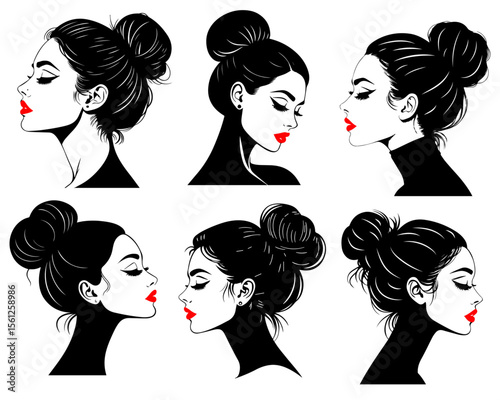 Elegant Female Side Profile Silhouette with High Bun hairstyle, Red Lips & Long Eyelashes – Beauty Salon Logo Vector