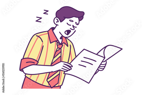 Tired businessman falls asleep while reading document during work meeting or presentation