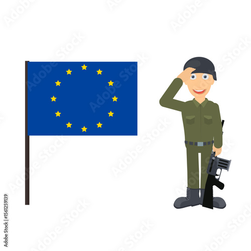 Soldier is a patriot. The flag of the European Union, vector illustration.