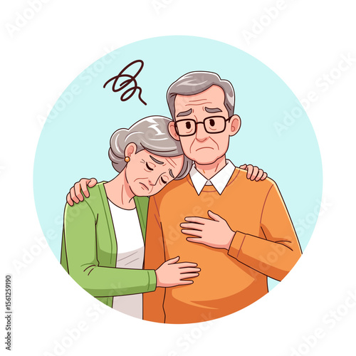 A distressed senior couple embracing for comfort. Emotional support in difficult times. Vector illustration.