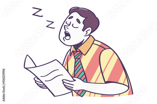 Man falls asleep while reading a document indicated by z s floating above his head representing boredom or exhaustion