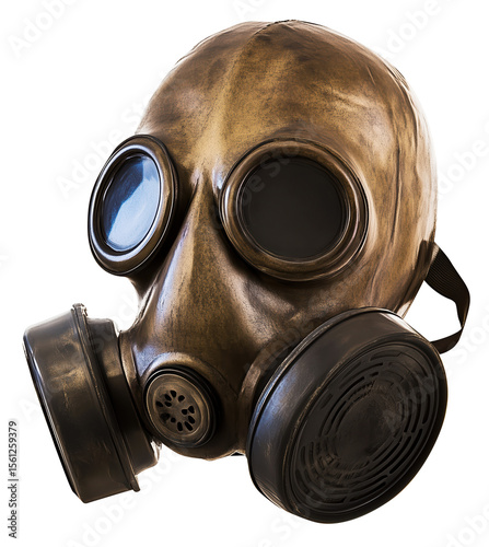 Vintage style gas mask with round eye lenses and filter, evoking sense of danger and protection., isolated