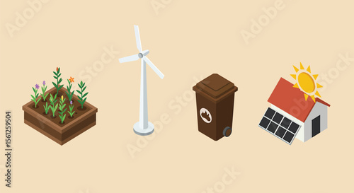Isometric illustration depicting a garden bed, wind turbine, compost bin, and a house with solar panels, representing sustainable living.