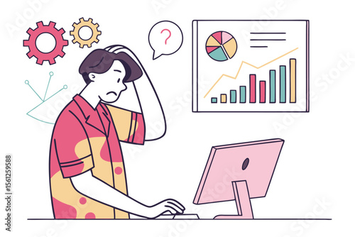 Frustrated person pondering over complex data and gears symbolizing confusion and problem solving in business