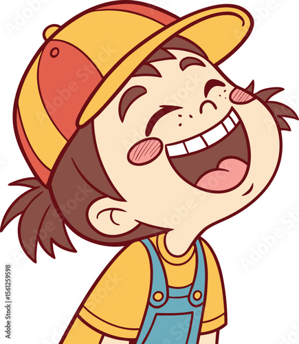 Happy girl wearing cap laughing loudly and looking up showing excitement and energetic youthful expression