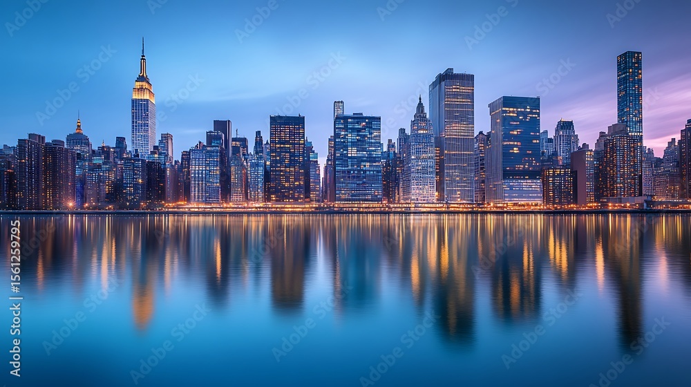 Fototapeta premium Captivating night skyline photography of new york city urban landscape cityscape reflection serene atmosphere