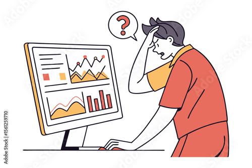 Frustrated person with hand on forehead looking at complex financial charts on a computer screen with a question mark above their head