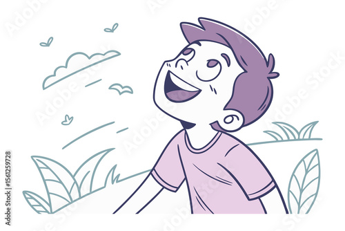 Dreamer's Gaze: A young boy, filled with wonder, gazes skyward with an animated grin, symbolizing childhood dreams and boundless imagination.