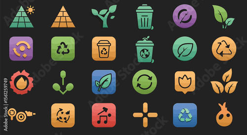 Collection of colorful, flat design icons representing environmental themes, recycling, and sustainability.