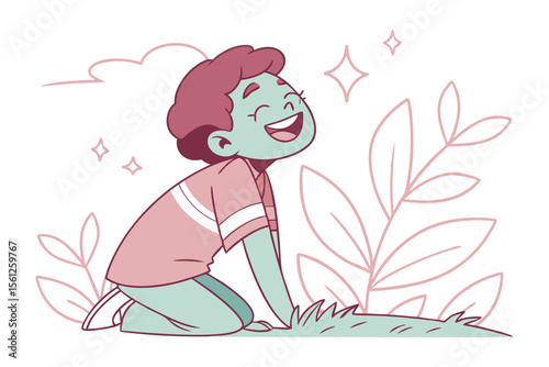 Joyful Daydream: A cheerful illustration depicts a young individual, basking in the warmth of a sunlit moment, the happiness etched across their face while surrounded by the beauty of nature.