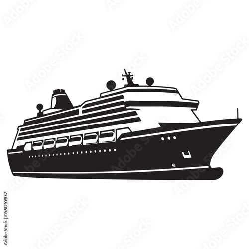 Black and white illustrated cruise ship depicting ocean travel and passenger transportation