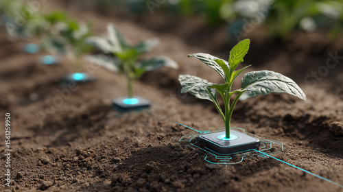 Using modern technology to help in agriculture and increase productivity efficiently. Smart sensors embedded in soil, symbolizing future farming.