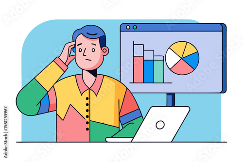 Confused businessman touching his head while looking at a computer screen displaying charts and graphs with a laptop in front of him