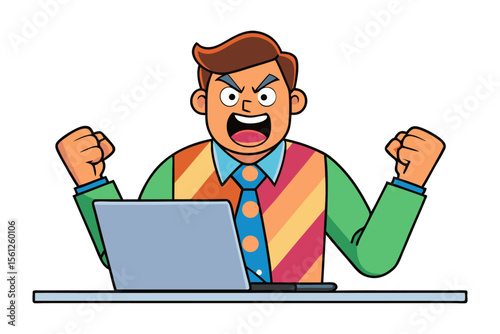 Frustrated cartoon businessman shouting and shaking fists in anger while working on a laptop at his desk