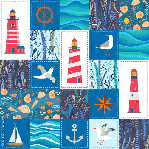Nautical seamless patchwork pattern with cute cartoon seagulls, yachts, fish, lighthouses, seaweed, sea shells, waves, anchors, compass, starfish. Beautiful print for fabric.