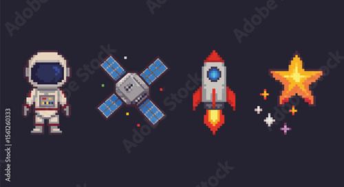 Pixel art depicting an astronaut, satellite, rocket, and star, symbolizing space exploration.