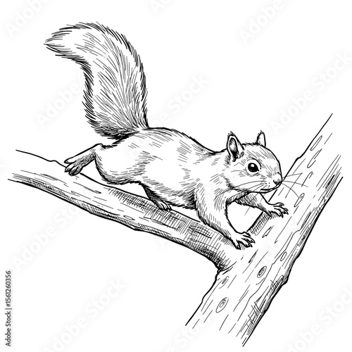 A realistic squirrel climbs along a textured tree branch with its bushy tail raised and keen eyes forward in detailed black-and-white line art.