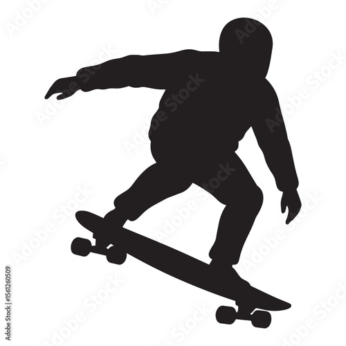 Black silhouette of a skateboarder performing a trick isolated on a white background