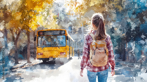 Student girl walking to the school yellow bus. Sunny day. Rough brushstroke. Watercolor illustration