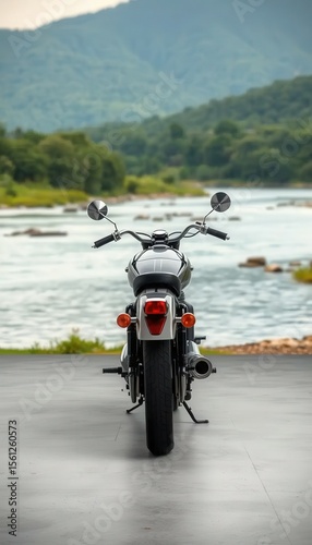 Mockup of a classic motorcycle parked beside a calm riverside landscape. Ideal for peaceful, nature-themed automotive presentations.