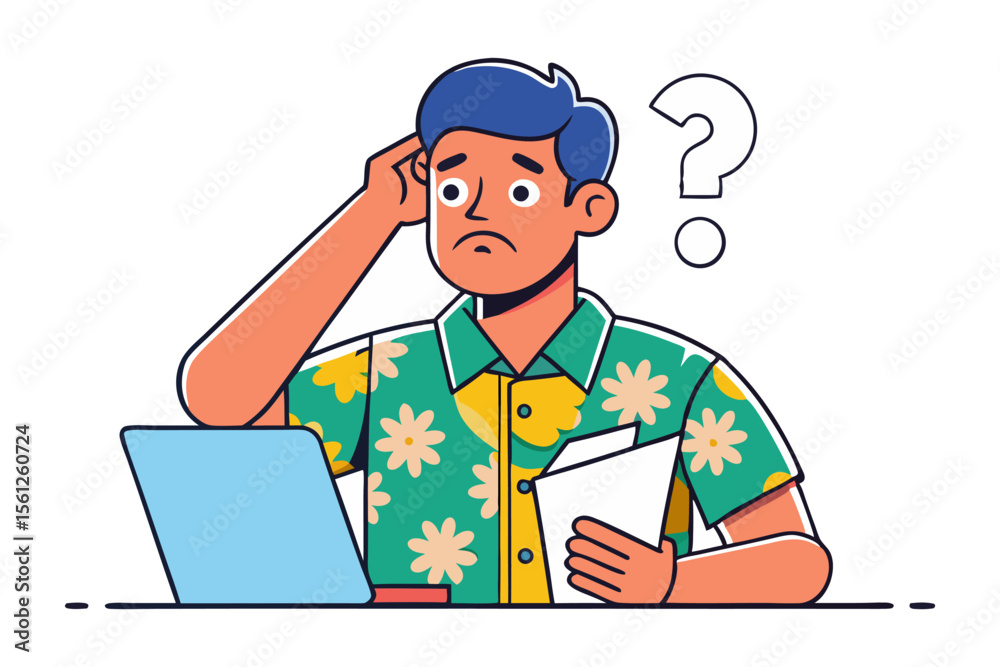 Confused man with blue hair and floral shirt pondering a question mark next to laptop and papers Confused man with blue hair and floral shirt pondering a question mark next to laptop and papers