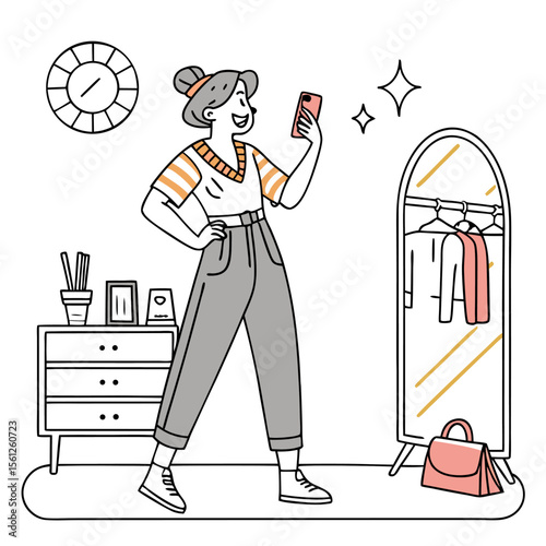 Woman taking a selfie in front of a mirror with clothes and a bag in a room with a dresser and a clock