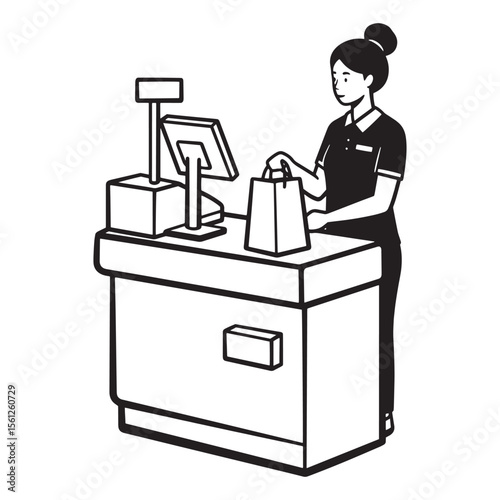 Cashier giving a shopping bag to a customer at the checkout counter in monochrome illustration