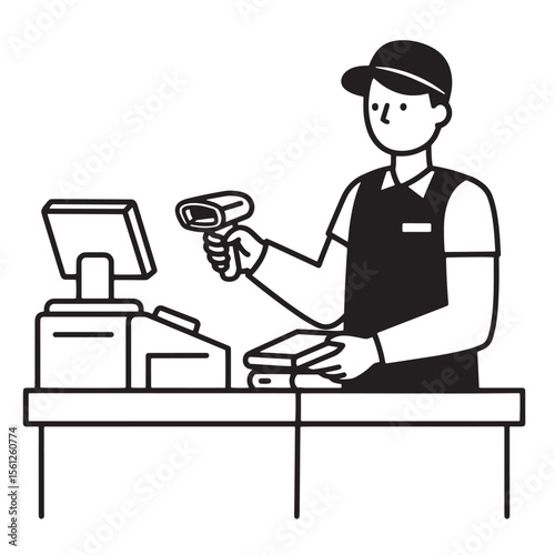 Cashier scanning items at a checkout counter in a simple modern illustration