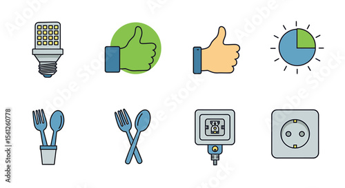 Collection of simple, colorful icons representing everyday objects and actions, including lighting, food, and technology.