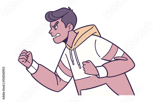 Cartoon Boy in Hoodie: A cartoon boy with an angry expression, wearing a hoodie and ready to fight, set against a blank backdrop.