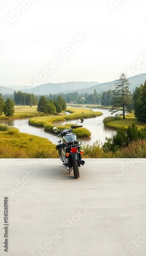 Mockup of a classic motorcycle parked beside a calm riverside landscape. Ideal for peaceful, nature-themed automotive presentations.