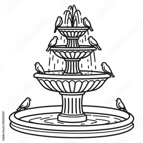Elegant black and white fountain with birds decorative garden illustration