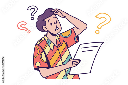 Confused person scratching head while reading a document surrounded by question marks illustrating uncertainty and bewilderment