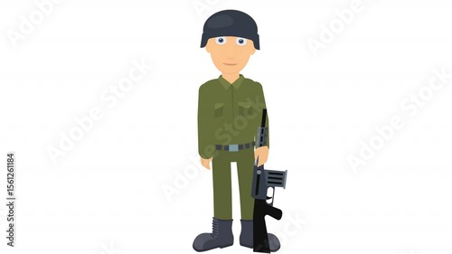 Soldier with a gun. Animation military officer, alpha channel. Cartoon.