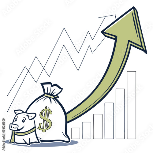 Illustration of a piggy bank next to a money bag with an upward trending graph and bar chart behind it