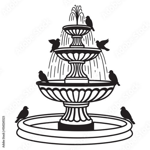 Elegant black and white vector illustration of a tiered fountain with birds