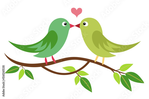 Cute Bird Couple on Branch Romantic Vector Illustration