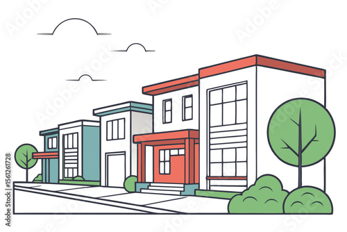 Contemporary House Facades on City Street Vector Illustration