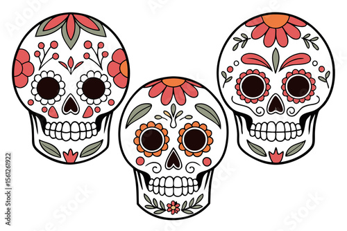 Dia de muertos skull flat hand drawn vector set for mexican cultural art