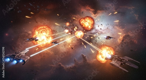 Intense space battle with spacecraft firing energy weapons amid fiery explosions and cosmic dust