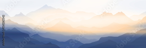 Sunrise in the mountains, minimalist landscape, ridge gradients in fog, vector illustration, panoramic view