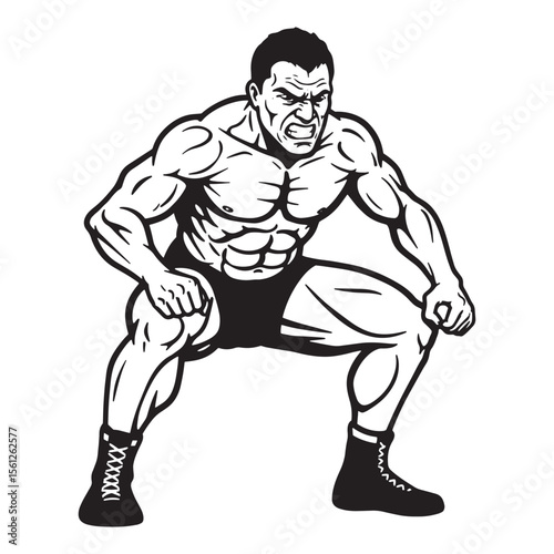 Powerful muscular wrestler with an aggressive expression in black and white illustration