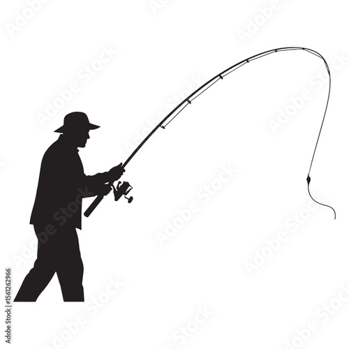 Silhouette illustration of a fisherman casting a fishing rod in black and white with negative space