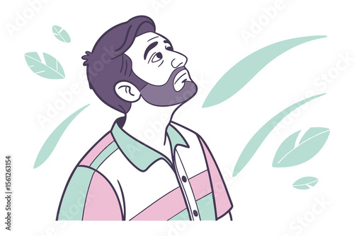 Man Looking Up in Thoughtful Reflection: A contemplative individual gazes upward, surrounded by serene elements. Expressing moments of mindfulness, introspection, and serenity