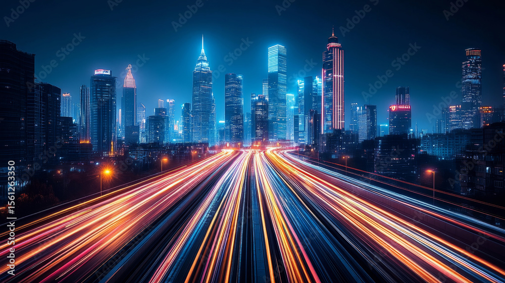 Fototapeta premium Dynamic cityscape showcases illuminated skyscrapers and light trails from vehicle traffic at night