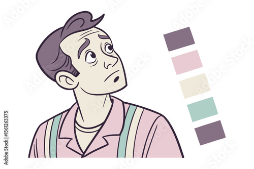 Introspective Man with a Palette: This illustration features a man in a light pink shirt with a concerned expression, gazing upward with an array of pastel colors, embodying a sense of contemplation.