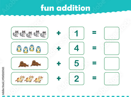 Game for children fun addition by counting cute wild animals pictures printable worksheet vector