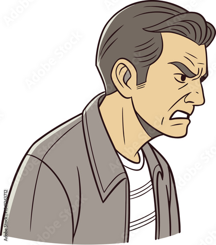 Male character gritting teeth and turning head sharply with tense eyes expressing repressed anger and frustration