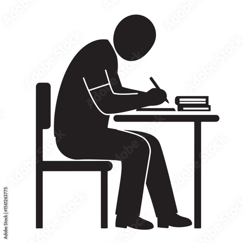 Silhouette of a person sitting at a desk writing with books in black and white